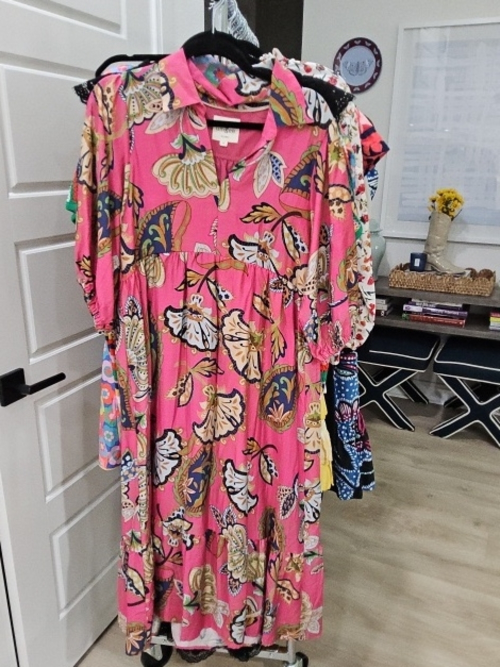 Umgee Pink Floral Midi Dress with Multicolor Paisley Print